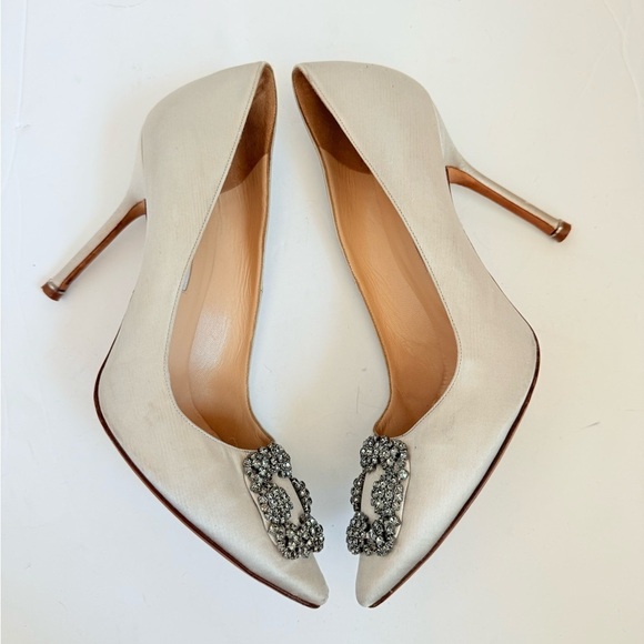 Manolo Blahnik Gray Satin floral Hangisi 90mm crystal embellished pumps EU 40 - Picture 4 of 13